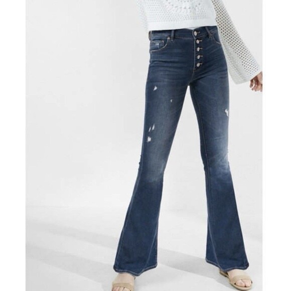 Express Womens Bell Flare High Rise Jeans Size 12L Blue Distress Bell Bottom 70s - Picture 14 of 15